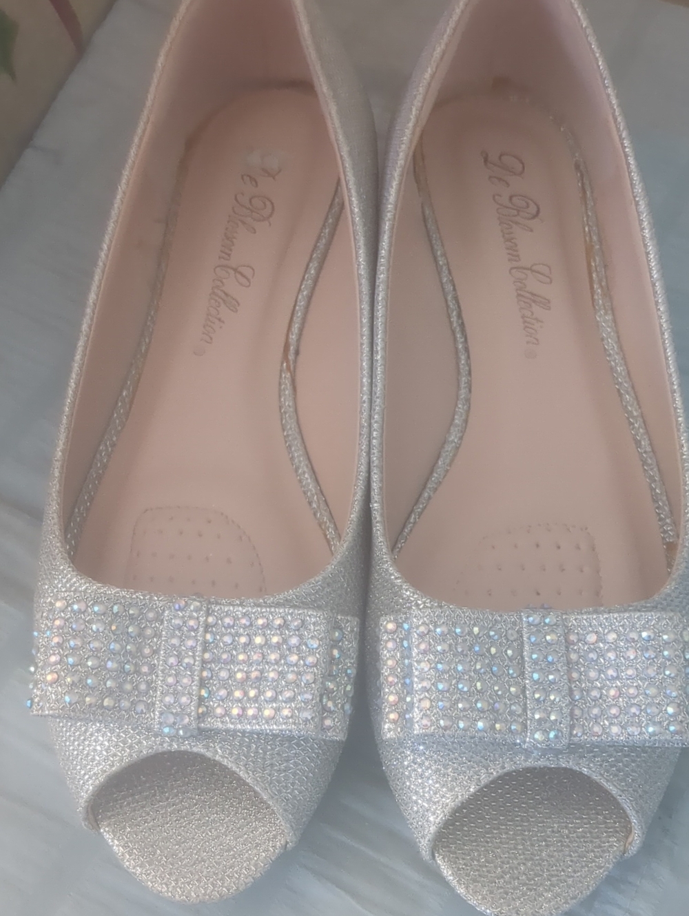 De Blossom Collection Silver Sequin Peep-Toe Flats with Rhinestone Bow Accent